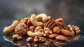 Assorted almonds, walnuts, and cashews on reflective surface for healthy snack display