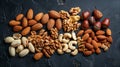 Assorted almonds, walnuts, and cashews on reflective surface for healthy snack display