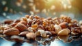 Assorted almonds, walnuts, and cashews on reflective surface, natural textures and colors Royalty Free Stock Photo
