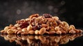 Assorted almonds, walnuts, and cashews on reflective surface, natural textures and rich colors Royalty Free Stock Photo