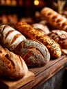Assorted artisan bread loaves displayed on a rustic wooden surface Royalty Free Stock Photo