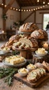 Assorted artisan breads and butter platter for rustic wedding buffet and brunch table display background Royalty Free Stock Photo