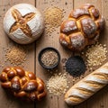 Assorted artisan breads are displayed on a wooden surface alongside various grains Royalty Free Stock Photo