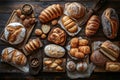 Assorted artisan breads on rustic wooden table