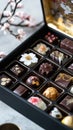 Assorted artisan chocolates in elegant box with floral decorations Royalty Free Stock Photo
