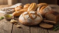 Assorted artisanal breads displayed on a rustic wooden table Royalty Free Stock Photo