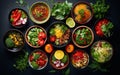 Assorted Asian Cuisine Dishes Served in Bowls on a Dark Table Background