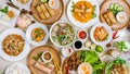 Assorted asian dinner, vietnamese food. Pho ga, pho bo, noodles, spring rolls top view Royalty Free Stock Photo