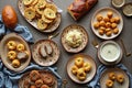 Assorted baked goods with bread, pastries, and mashed potatoes on plates Royalty Free Stock Photo