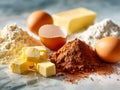Assorted baking ingredients including eggs, butter, flour, cocoa powder, and chocolate chunks arranged on a marble surface Royalty Free Stock Photo