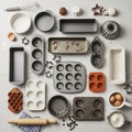 Assorted baking tools and pans arranged on a light-colored wooden surface Royalty Free Stock Photo