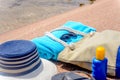 Assorted beach accessories on the sand Royalty Free Stock Photo