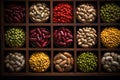 Assorted beans neatly placed in small wooden vessels, seen from above Royalty Free Stock Photo