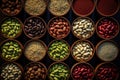 Assorted beans neatly placed in small wooden vessels, seen from above Royalty Free Stock Photo