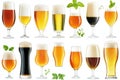 Assorted beer glasses with fresh hops and ingredients set on white background Royalty Free Stock Photo