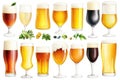 Assorted beer glasses with fresh hops and ingredients set on white background Royalty Free Stock Photo