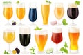 Assorted beer glasses with fresh hops and ingredients set on white background Royalty Free Stock Photo