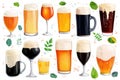 Assorted beer glasses with fresh hops and ingredients set on white background Royalty Free Stock Photo