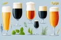 Assorted beer glasses with fresh hops and ingredients set on white background Royalty Free Stock Photo