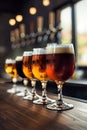 Assorted Beer Glasses on Wooden Bar Table Royalty Free Stock Photo