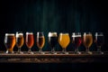 Assorted beer glasses on wooden table with rich colors and textures for brewery or pub concept Royalty Free Stock Photo