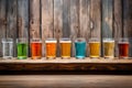 Assorted beer glasses on wooden table, rich colors and textures for brewery or pub concept Royalty Free Stock Photo