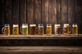 Assorted beer glasses on wooden table, rich colors and textures for brewery or pub concept Royalty Free Stock Photo