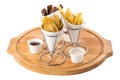 Assorted beer snacks rye bread croutons, nachos, french fries with sauces isolated on white background