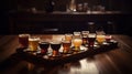 Assorted Beers in a Flight Ready for Tasting. Generative AI technology