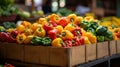 Assorted bell peppers in rustic crate, natural daylight, canon 6d camera, f8 aperture