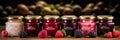 Assorted berry jam jars with homemade preserves and jellies for sale on decorative banner