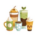 Diverse beverage selection showcasing coffee, tea and smoothies in a flat design style illustration Royalty Free Stock Photo