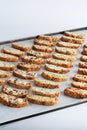 Assorted Biscotti Cantucci Biscuits, italian dessert cookies close up, selective focus, copy space. Homemade bakery confectionery Royalty Free Stock Photo