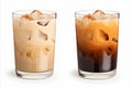 Assorted black ice coffee and ice latte coffee with milk in tall glass isolated on white background