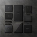 Assorted black office stationery arranged neatly on a gray textured surface Royalty Free Stock Photo