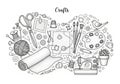 Assorted black-and-white craft items are illustrated: scissors, sewing machine, spool of thread, Royalty Free Stock Photo