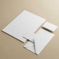 Assorted blank stationery on a beige surface, including a large sheet of paper, an Royalty Free Stock Photo