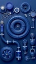 Assorted Blue Industrial Pipes and Plumbing Equipment Symmetrically Arranged on Dark Background