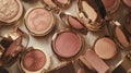 Luxury Makeup Flat Lay Eyeshadow, Blush, Bronzer Palettes, Perfume, Lipstick. Beauty. Royalty Free Stock Photo