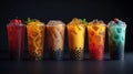 assorted boba tea on a black background