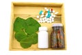 Assorted bottle medicine and green leaf of Asiatic Pennywort