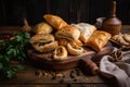 Assorted bourekas on a rustic wooden board with steam rising from the flaky pastry and savory fillings