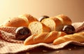 Assorted bread rolls and baguettes arranged on checked cloth with chocolate Royalty Free Stock Photo