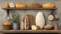 Assorted bread varieties displayed on a rustic wooden shelf with herbs Royalty Free Stock Photo