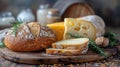 Assorted Breads and Cheeses on a Wooden Table Royalty Free Stock Photo