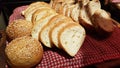 Assorted breads displayed on a tray