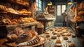 Assorted breads and rolls displayed on a bakery table, AI-generated. Royalty Free Stock Photo