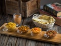 Assorted break fast set balalet or balaleet, aloo nakhi,aloo karahi, tomato egg, foul medames with bread and coffee served in a Royalty Free Stock Photo