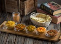 Assorted break fast set balalet or balaleet, aloo nakhi,aloo karahi, tomato egg, foul medames, Shakshuka or shaksoka with bread Royalty Free Stock Photo