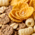 Assorted breakfast cereals are displayed, featuring golden-yellow cornflakes, brown wheat puffs Royalty Free Stock Photo
